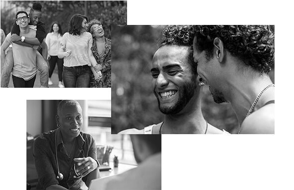 Three b&w images: Group of young people walking; two men laughing together; woman talking to someone.
