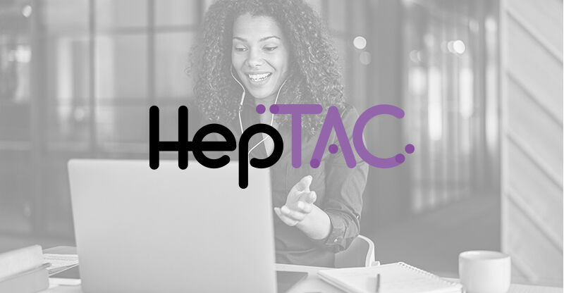 HepTAC logo over top of an image of a woman on a computer.
