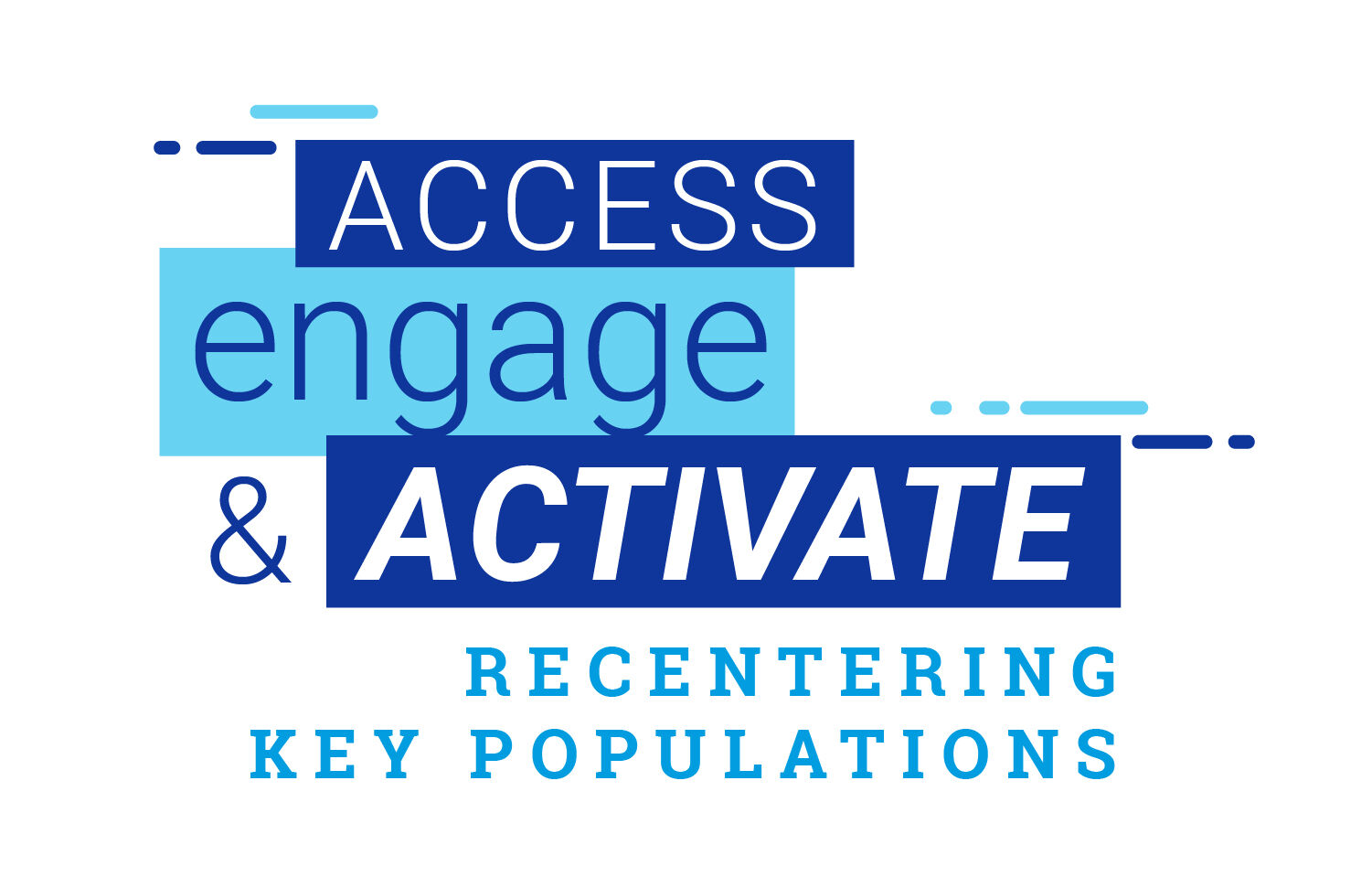 Dark blue, light blue, and white background with words that say, "Access, Engage, and Activate: Re-centering Key Populations."
