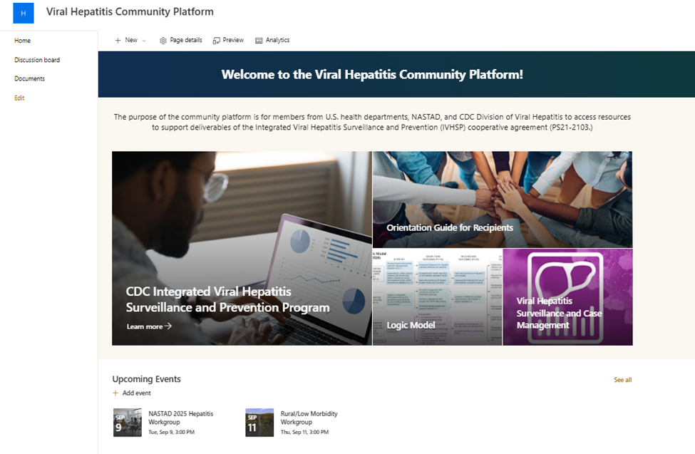 Screenshot of the Viral Hepatitis Community Platform SharePoint site