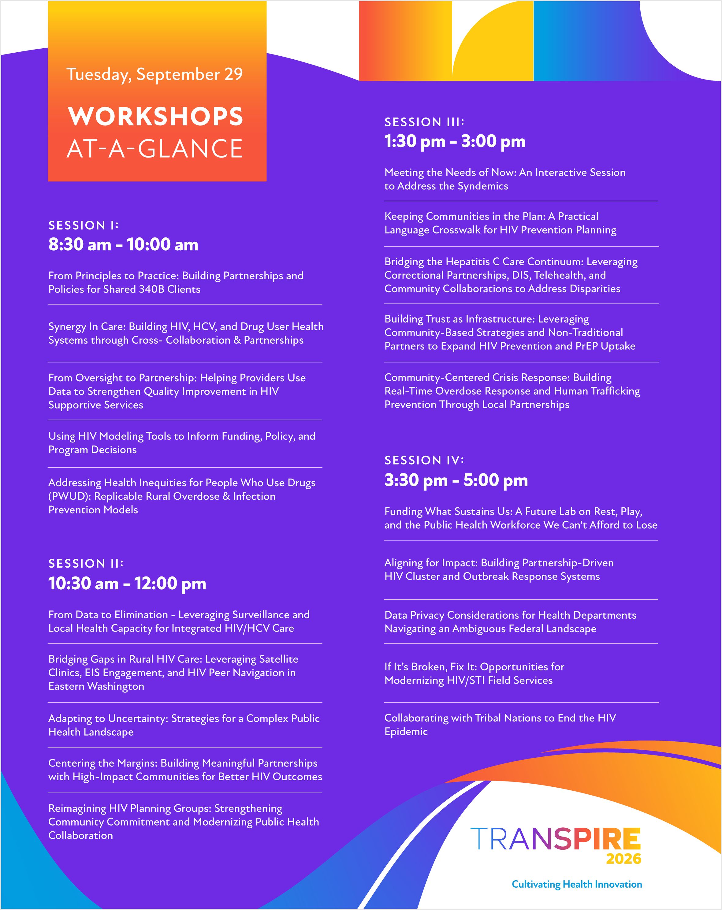 Workshops at a Glance