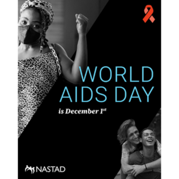World AIDS Day 2022 Graphic with woman with flexing arm and two people laughing and holding each other