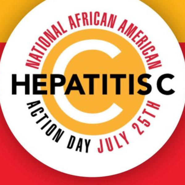 A white, yellow, and red graphic that reads "National African American Hepatitis C Action Day, July 25th"